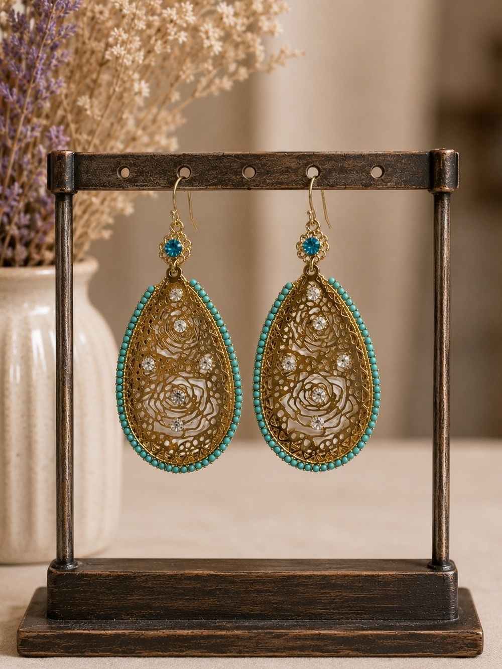 Boho Gold Tone Filigree Teardrop Earrings w/ Turquoise Bead Trim & Rhinestones